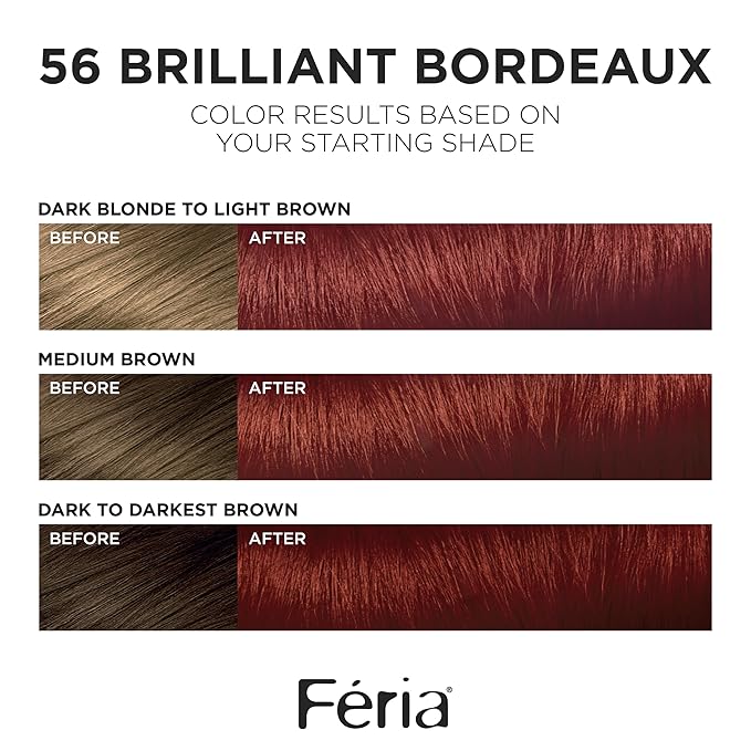 L'Oreal Paris Feria Multi-Faceted Shimmering Permanent Hair Color, 56 Brilliant Bordeaux (Auburn Brown), Pack of 1 Hair Dye Kit