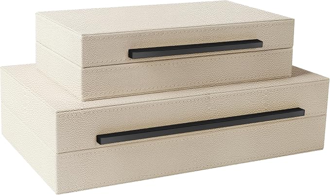 Sagala Set of 2 Beige Shagreen Decorative Boxes With Black Metal Handles, Faux Leather Jewelry Boxes Modern Storage Boxes Photo Boxes Memory Boxes Home Organizer (Beige-Black Handle)