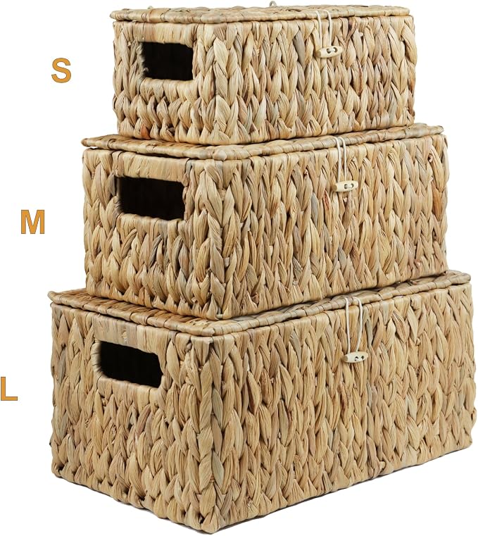 ORDELITE Water Hyacinth Wicker Storage Basket with Lid, Medium | Built-In Handles, Shelf Organizer Bin, Rectangular Woven Box, Multipurpose Home Storage, Natural Decor