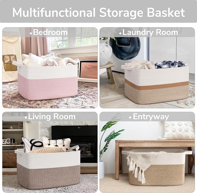 Goodpick Large Woven Rope Blanket Basket, Rectangle, White & Pink | 21.6'' x 14.9'' x 11.8'' Storage Basket for Baby Toys & Kids Essentials, Nursery & Bedroom Organization, Reinforced Handles