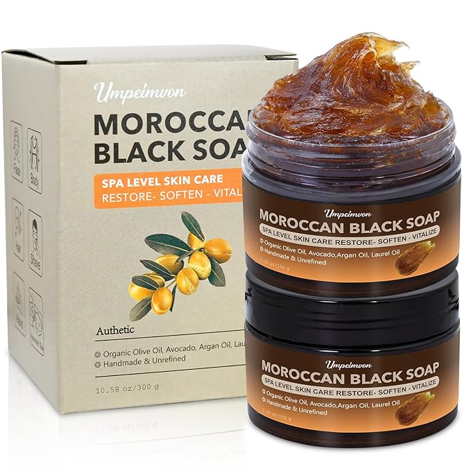 2 PCS Unrefined Moroccan Black Soap Handcrafted, Argan Oil Authetic Black Beldi Soap SPA Level Highly Moisturize, Purify and Soften Skin, with Laurel Oil for Face and Body, No Fragrance, 5.29 oz/150 g