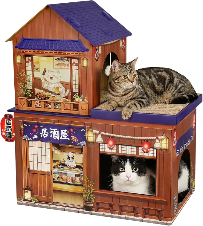 Cardboard Cat Houses for Indoor Cats Kitten Scratcher Houses Izakaya Themed | Cat Condos Hut Hideout Play House Bed with Scratching Pads, Scratch Box for Large Kitty Rabbit Bunny Small Animals