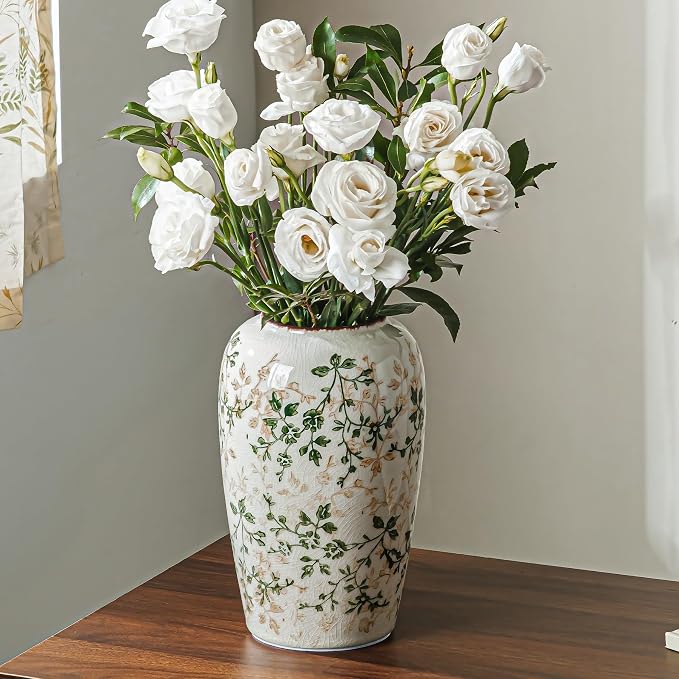 Ceramic Flower Vase for Home Decor, Vintage Green Decorative Vase 8.5 Inch | Rustic Farmhouse Floral Vase for Living Room, Mantel, Coffee Table, Kitchen, Bookshelf, Entryway, Wedding Centerpiece
