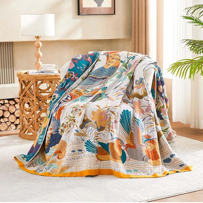 XIBLC Fall Throw Blanket for Couch, Yellow Boho Decorative Throw Blanket, 100% Cotton Muslin Breathable Woven Farmhouse Blankets Quilt, 80"x90" Reversible Lightweight Blankets Bohemian Throw Quilt