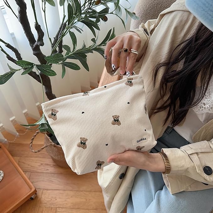 Cute Small Soft Corduroy Zipper Makeup Bag for Purse, Coquette Aesthetic Pouch with Bear Pattern for Women Girls, Kawaii Travel Cosmetic Bags（03Beige）