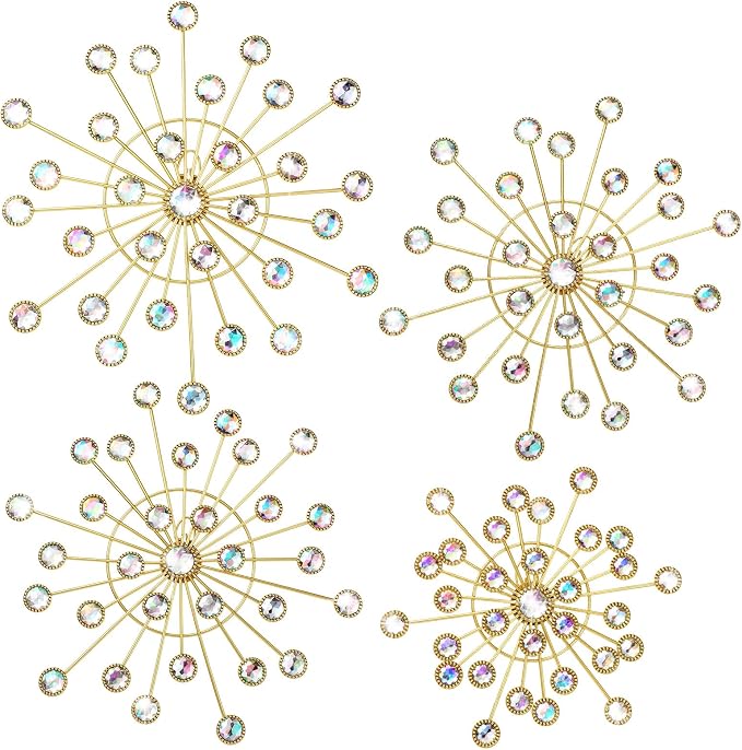 Blulu 4 Pcs Metal Wall Decor Bling Crystal Wall Art Cast Iron Rhinestones Sunburst Decor Starburst Art Hanging Diamond Accents Home Decorative for Living Room Bedroom Entryway(Colorful)