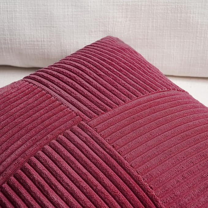 Fancy Homi 2 Packs Burgundy Samll Decorative Throw Pillow Covers 14x14 Inch with for Couch Bed Sofa, Rustic Farmhouse Boho Home Decor, Soft Corss Patchwork Corduroy Square Cushion Case 35x35 cm