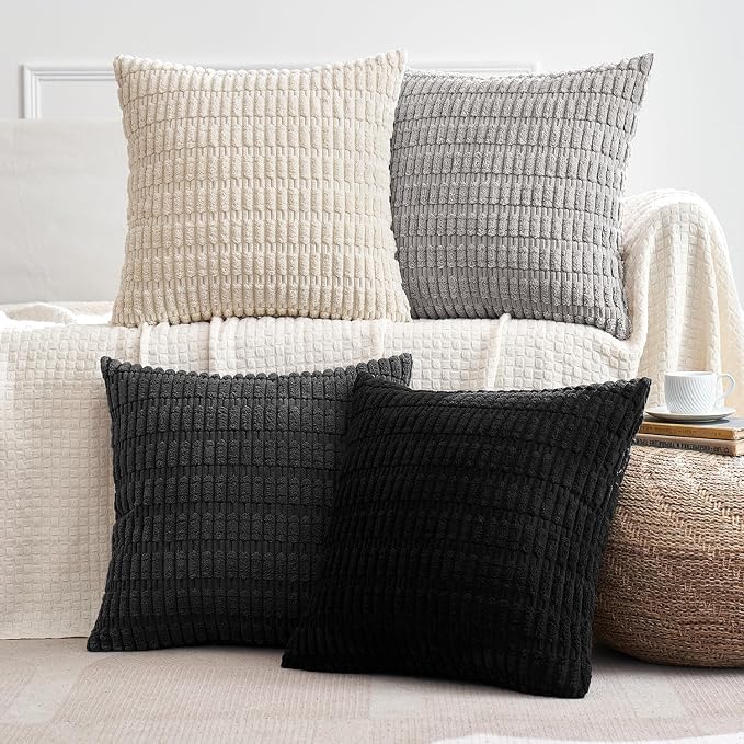 MIULEE Pack of 4 Corduroy Throw Pillow Covers 18x18 Inch Black and White | Neutral Rustic Farmhouse Boho Soft Striped Pillow Covers,Home Decor for Sofa,Living Room,Couch,Bed