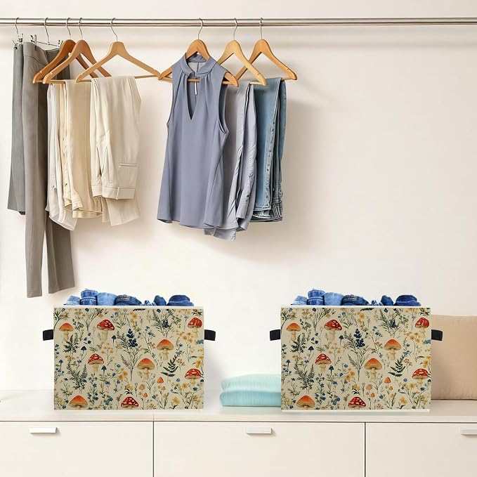 Rustic Mushroom Storage Box Bins, Cottagecore Wildflower Botanical Mushroom Collapsible Storage Basket Organizer for Bedroom Laundry Room Home Clothes Books, Decor for Room
