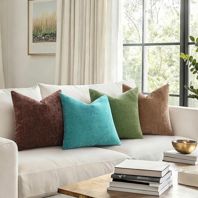 decorUhome Soft Chenille Olive Green Throw Pillow Covers 24X24 Set of 2 | Decorative Fall Couch Pillow Covers Solid Dyed Accent Modern Euro Sham Farmhouse Neutral Square Pillow Cases for Sofa