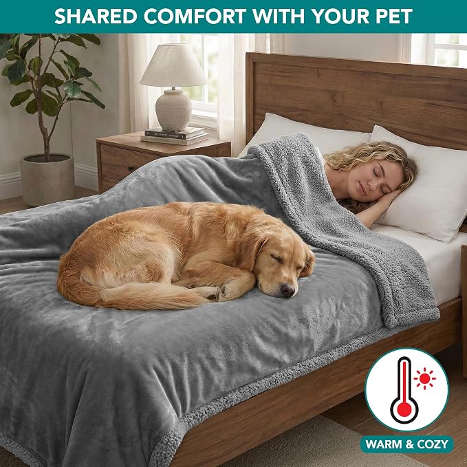 PetAmi Waterproof Dog Blanket for Large Dog Cat Pet, 60x80, Light Grey | 460 GSM Sherpa Fleece Reversible, Pee Proof, Furniture Protector Cover for Couch Sofa Bed Kennel, Washable, Extra Large