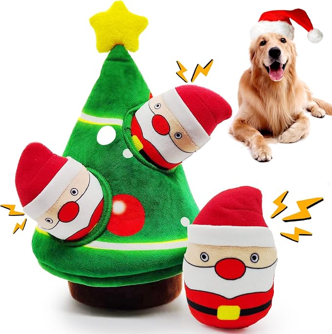 lilfrd Christmas Dog Toys, 4 Pack Santa Xmas Tree Hide & Seek Squeaky Toy