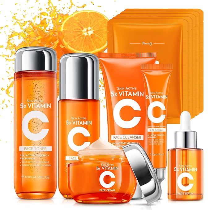 11 PCS Vitamin C Skin Care Set for Teens Girls & Women - Valentine’s Day Gift with Cleanser, Toner, Eye Cream, Serum, Lotion, Face Cream & Sheet Masks - Anti-Aging Skincare Kit Firming & Moisturizing