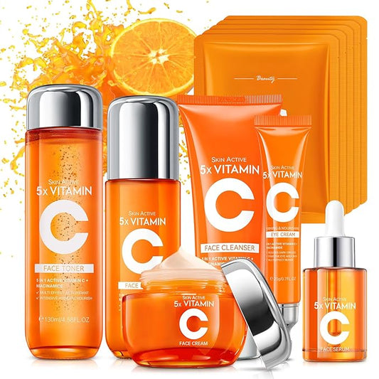 11 PCS Vitamin C Skin Care Set for Teens Girls & Women - Valentine’s Day Gift with Cleanser, Toner, Eye Cream, Serum, Lotion, Face Cream & Sheet Masks - Anti-Aging Skincare Kit Firming & Moisturizing