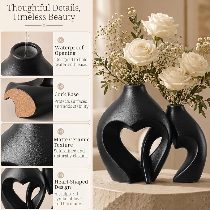 Black Ceramic Flower Vases Home Decor Heart Shaped Vase Set of 2 | Nordic Heart Shaped Vases Minimalist Decorative Vase for Table Centerpiece Wedding Dining Living Room Office House Decoration