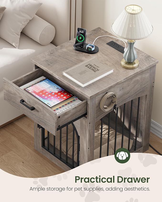 CHOEZON Dog Crate Furniture, Wooden Dog Kennel with Charging Station and Storage Drawer, Indoor Pet Crate End Table for Small Breeds, Dog Cage Furniture for Living Room, Bedroom, Greige MGW01UFH