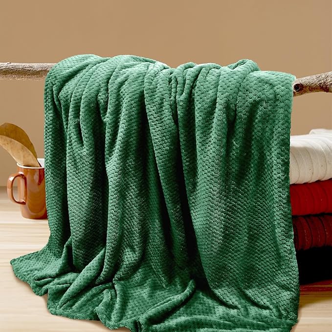 4 Pack Fleece Throw Blankets 50x60 Inches - Oeko-Tex Certified 100, 270 GSM Ultra Soft Plush for Bed, Couch and Cozy Gifts. 3D Waffle Texture, No Shedding No Pilling All Season (Green)