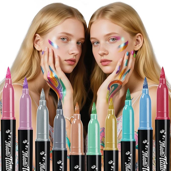ThEast 10 Colors Metallic Face Paint, Athena Face Body Paint, Temporary Tattoo Markers for Skin, Face Painting Kit Body Markers Christmas Stocking Stuffers