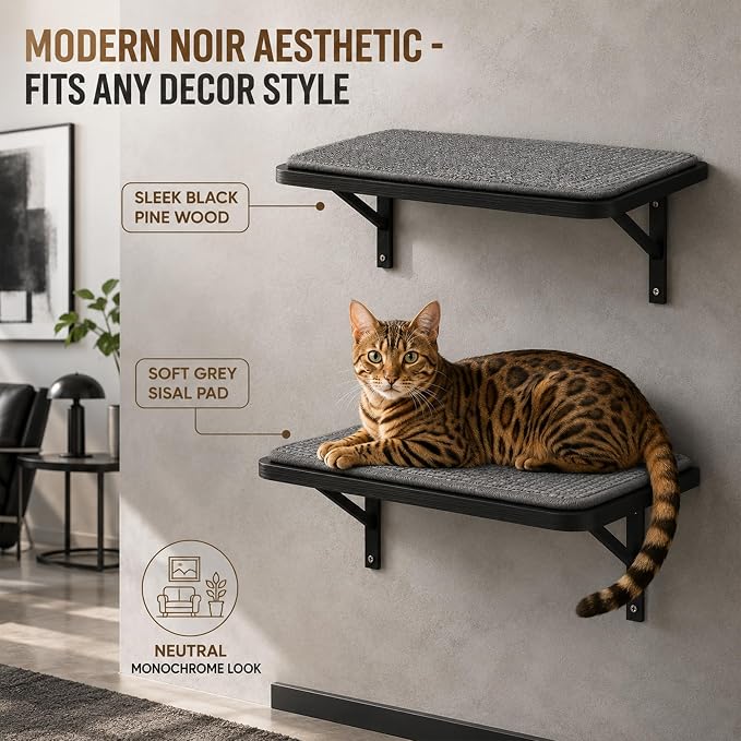 Cat Wall Shelf Window Perch, Cats Bed Hammock with Scratching Pad, Cat Shelf for Climbing Sleeping Playing,Black Furniture for Indoor Large Cats