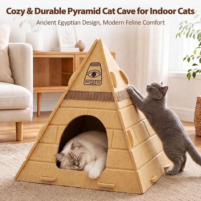 Cat Cave, Pyramid Felt Cat Scratch House for Indoor Cats | Scratch-Resistant & Foldable Cat House, Calming Kitten Sleeping Hideaway, Pharaoh Headdress Included, 17x17x20 inch