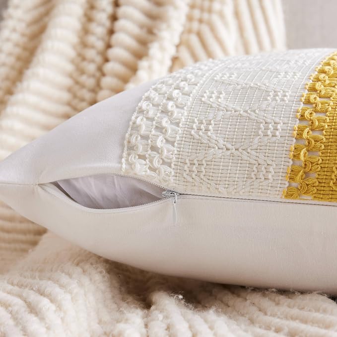 2pk Boho Pillow Covers 24x24, Natural White/Contrast/Mustard Yellow | 100% Organic Cotton Body, Stripe Embroidery, Farmhouse Decorative Cushion Covers for Sofa Bed Living Room Home Decor