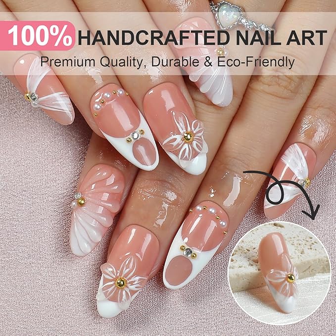 Handmade French Tips Press On Nails Almond, Cute 3D Flowers Rhinestone Design Fake Nails Short, Salon-Quality Reusable, Gift for Women, 10PCS Pink