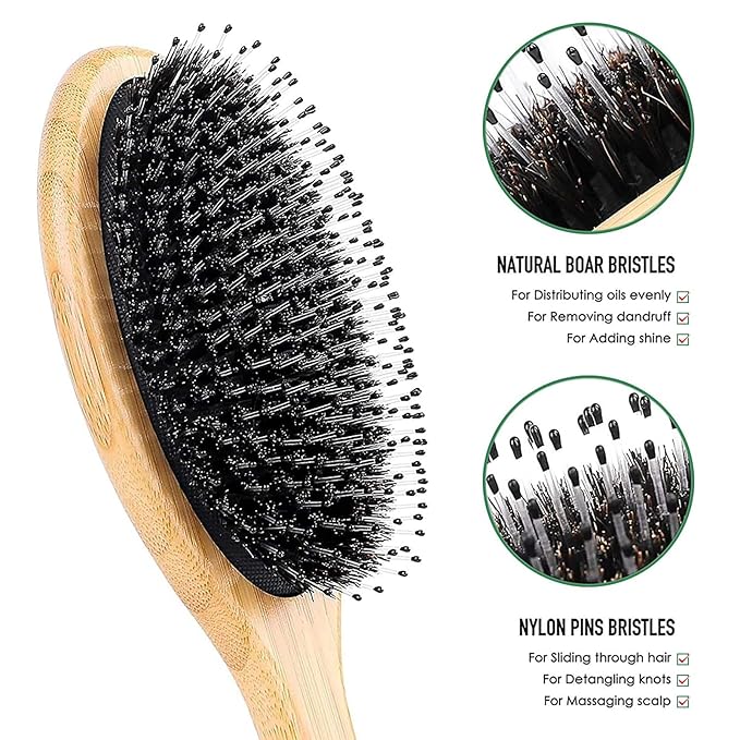 OZFIT Round Hair Brush - Boar & Nylon Bristles for Women, Men & Kids - Smoothing, Massaging & Detangling Wet/Dry Hair - Enhances Shine & Health