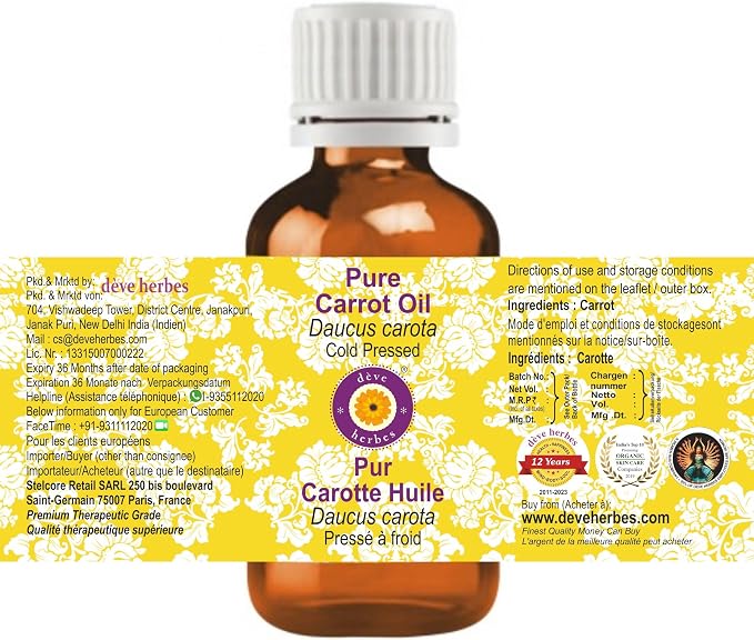 Deve Herbes Carrot Oil (Daucus carota) | Cold Pressed | Pure | Natural | Undiluted | For Diluting Essential oils | For Skin & Massage | Non-Sticky | Lightweight | Men & Women | 10ml (0.33 oz)