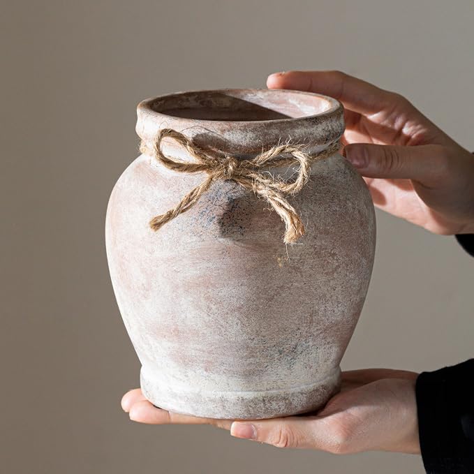 Lvases 6.5in Neutral Terracotta Ceramic Rustic Farmhouse Decor Flower Vase | small decorative vase for farmhouse home decor perfect neutral table centerpiece suitable living room floral arrangement