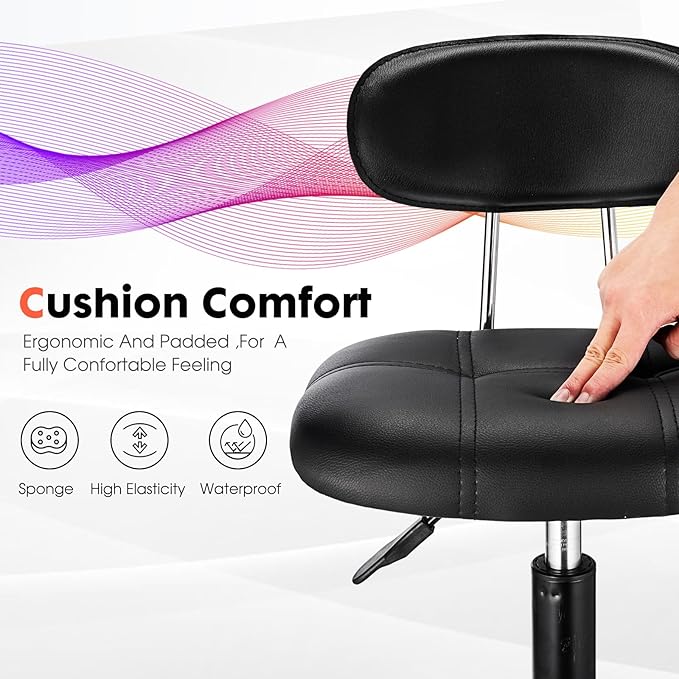Square Rolling Stool with Backrest Height Adjustable Chair Swivel Drafting Chair Stool Chair with Wheels Stable Base Foot Black
