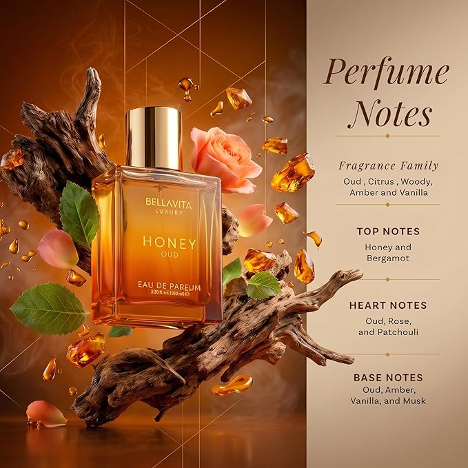 Bellavita Luxury Honey Oud Eau de Parfum | 100 ml (3.4 fl.oz.) | Perfume for Men and Women | Sweet Honey, Bergamot, Oud, and Amber Notes | Women's Day Special