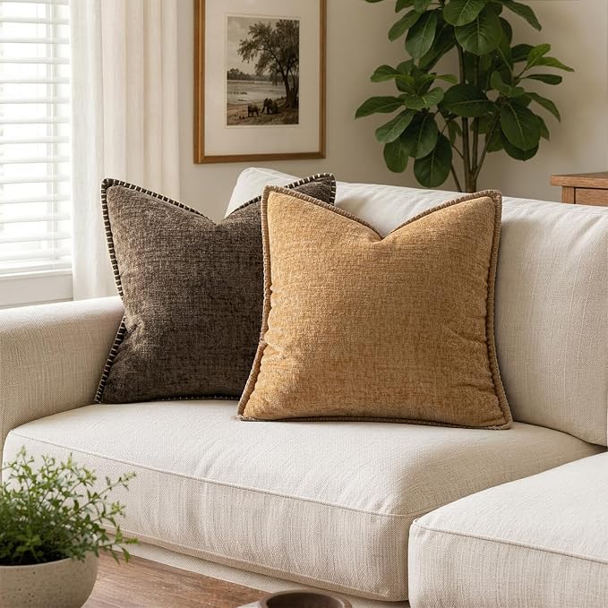 MIULEE Decorative Couch Throw Pillow Covers 20x20 Inch Apricot Brown 2 Pack | Farmhouse Pillow Covers with Stitched Edge, Soft Chenille Cushion Cases, for Sofa Bed Living Room Home Decor