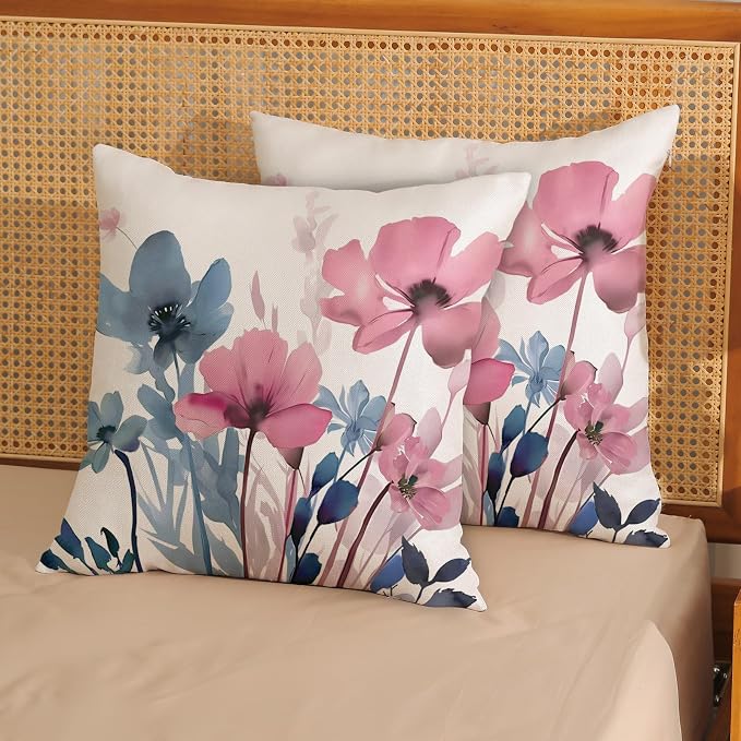 Spring Floral Pillow Covers 18x18 Inches Set of 2 Pink Blue Floral Throw Pillow Covers Outdoor Rustic Summer Flower Decor Pillowcase Farmhouse Decorative Square Cushion Cover for Sofa Couch