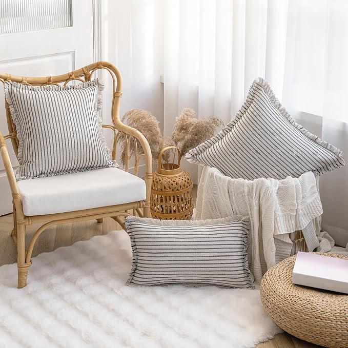YEENAASY Throw Pillow Covers 12x20 Boho Striped Pillow Cases with Tassel | Set of 2 Fringe Pillow Cover Farmhouse Cushion Covers Neutral Pillows Decorative Lumbar Pillowcase for Couch Sofa Bed, Black