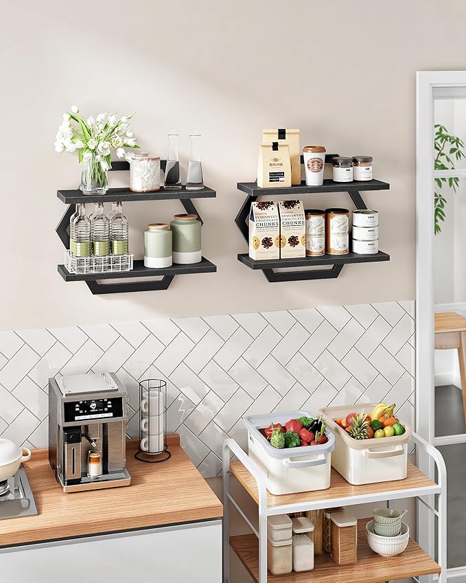Hexagon Floating Shelves for Wall, Set of 2, 2 -Tier Hanging Shelves, Wall Mounted Storage Shelves, for Living Room, Bedroom, Kitchen, Home Office, Study, Black TBJ06P2BB