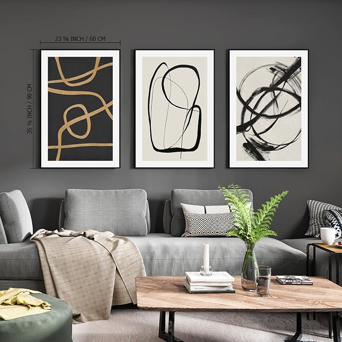 SAFERRYHOME Abstract Graffiti Black and White Wall Art,3 Panels 24x36 Inch | Black and Gold Framed Canvas Print Set, Mid-Century Modern Geometric Sketches Lines for Living Room, Bedroom, Office, Hallway