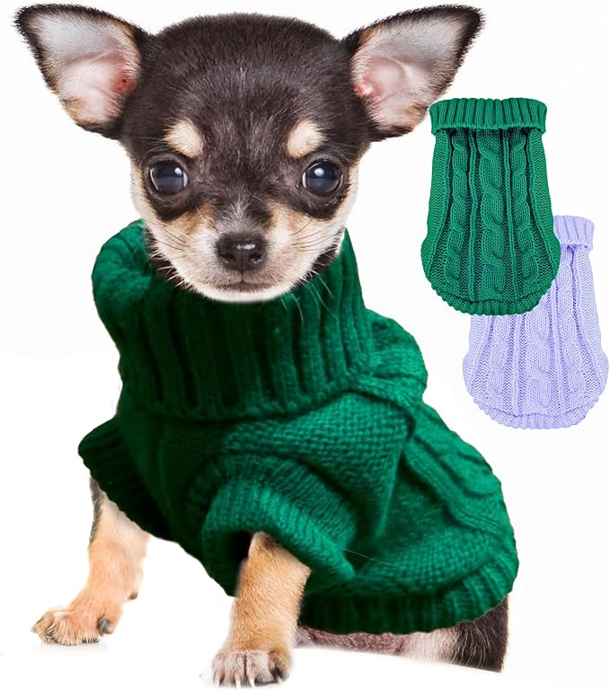 Small Dog Sweater. 2 Pack Turtleneck Christmas Dog Sweaters for Small Dogs, Winter Knitwear Pet Clothes Cat Sweater Puppy Outfits for Chihuahua Yorkie, Green and Purple, S