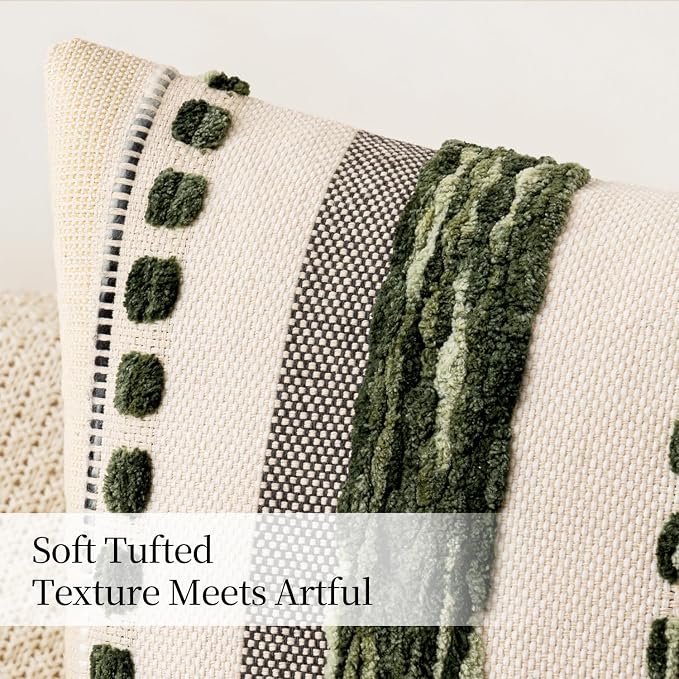 ANRODUO Boho Decorative Pillow Covers 20x20 Dark Green Stripe Pack of 2 | Throw Pillow Covers, Farmhouse Cushion Case, Chenille Pillow Cases, Pillow Covers, Accent Neutral Pillowcase for Sofa Couch