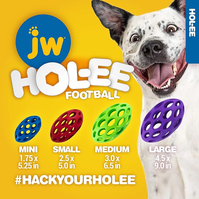 JW Pet HOL-ee Football Dog Puzzle Ball, Medium 6.5in, Natural Rubber Toy