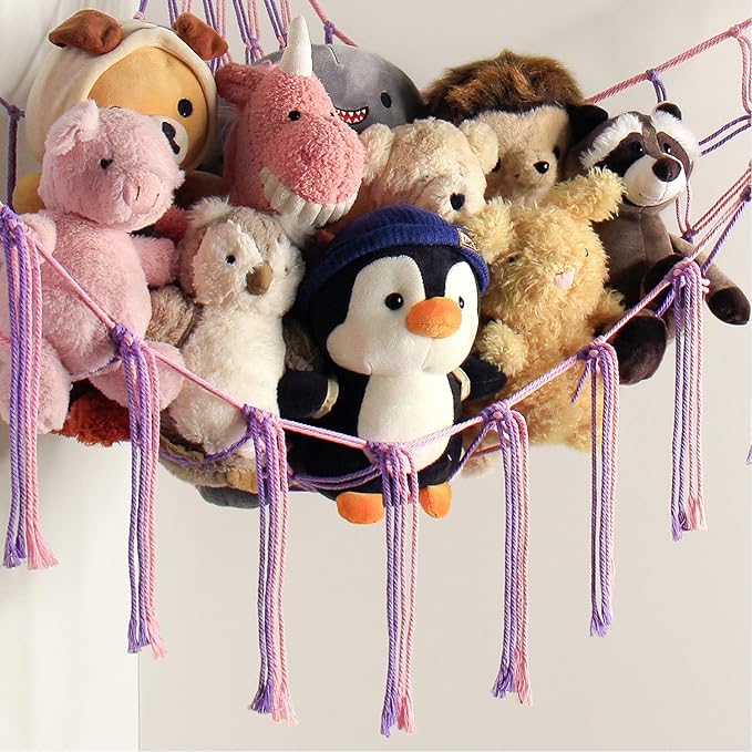 mirolam Large Stuffed Animal Hammock Corner Net for Toys Storage Hanging Stuff Animal Organizer Holder Pink Purle Girls Room Bedroom Boho Nursery Decor