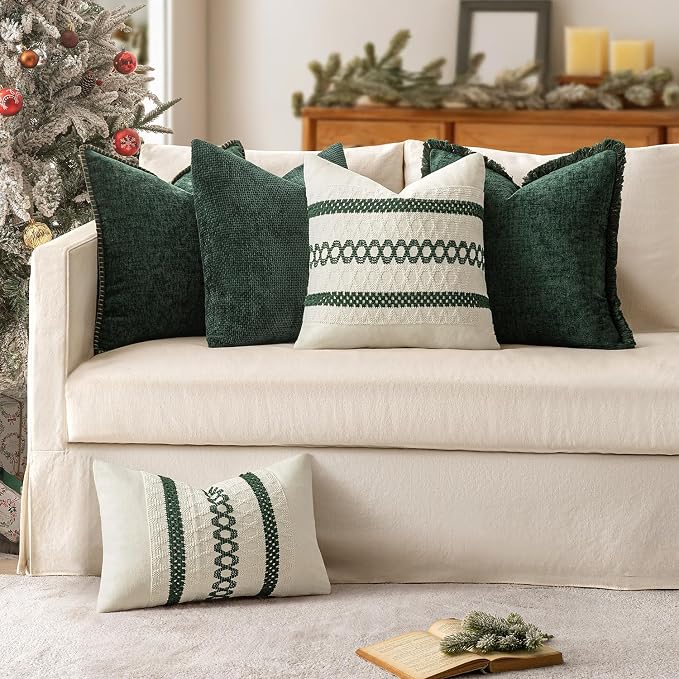 MIULEE Decorative Couch Throw Pillow Covers 20x20 in Christmas Green 2 Pack | Modern Boho Accent, Soft Chenille Pillow Covers, Farmhouse Cushion Cases for Home Decor Bed Sofa Living Room