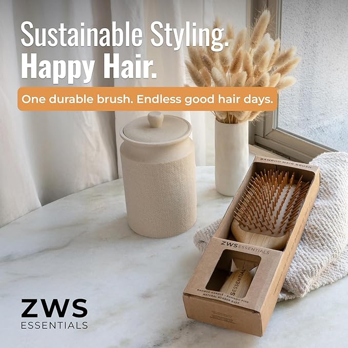 ZWS Essentials Bamboo Hair Brush | Sustainable Detangling Hairbrush for All Hair Types | Natural Scalp Massage Brush with Eco-Friendly Bristles for Smooth, Frizz-Free Styling by Zero Waste Store