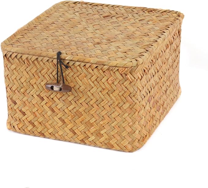 Moosky Wicker Shelf Baskets with Lid, Handwoven Seagrass Storage Basket Bins Square Gift Boxes for Shelves Home Decor Organizer (Natural, X-Small)