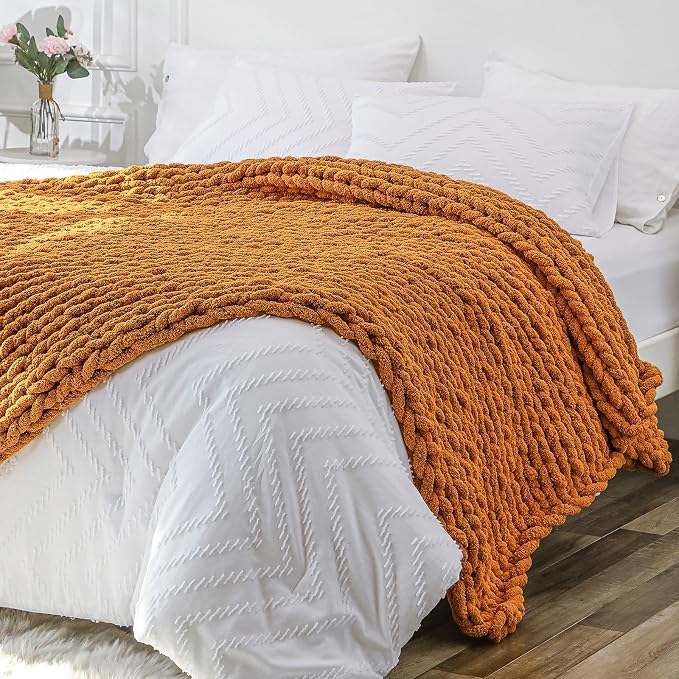 Bigacogo Chunky Knit Throw Blanket for Couch, 51x63 inches, Burnt Orange | Hand Knit with Jumbo Chenille, Soft Breathable Cable Knit for Sofa Bed Living Room, Machine Washable, Gift for Mom Friend
