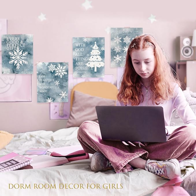 LARTSFRO Christmas Winter Gifts Wall Art Decor Posters, Christmas Snowflakes Christian Room Bathroom Bedroom Dorm Wall Art Decor Aesthetic for College Teen Girls Gifts, Inspirational Bible Verses Winter Wall Decor, 10x8 Inch Set of 4 Pcs Christmas Pict...