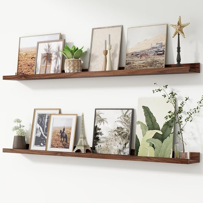 Picture Ledge Shelf, Long Floating Shelves for Wall, 52" W Set of 2, Walnut | FSC Certified Engineered Wood, Wall Mounted Bookshelf, for Nursery Living Room Bedroom, Easy Install