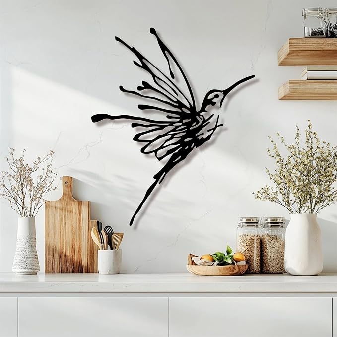 3D Metal Hummingbird Wall Art, Black Outdoor Decor, Waterproof(12.3"x16.5") | Stunning 3D black metal hummingbird, weatherproof design, ideal for garden, yard, or balcony wall decoration