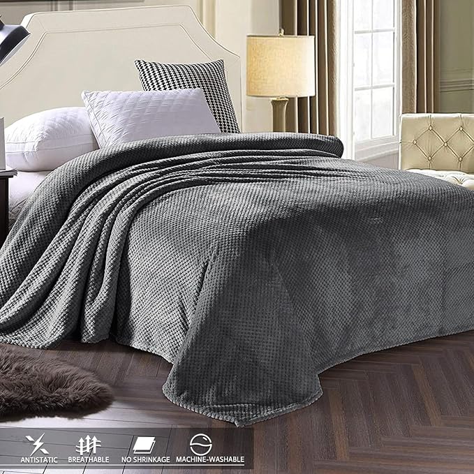 Exclusivo Mezcla Soft Waffle Fleece Bed Blanket Twin Size, Gray | Lightweight Plush Blanket for Bed, Couch, Sofa, Cozy Fluffy Design for Bedroom, Guest Room, All Season, 60x80 Inches
