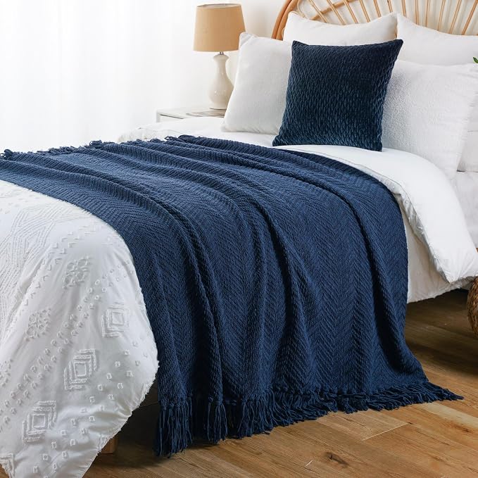 BATTILO HOME Navy Blue Throw Blanket for Couch, 60"x80" | Super Soft Cozy Warm Dark Blue Throws for Twin Bed, Knit Woven Chenille Blanket Versatile for Sofa Bedroom Home Decor
