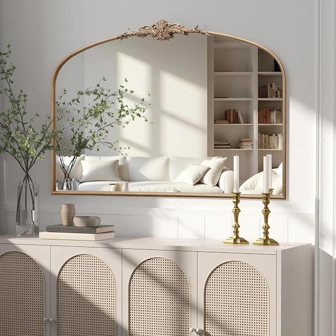 Besdomus Vintage Arched Gold Mirror: 48"x33" Oversized Champagne Decorative | Baroque Metal Framed Mirrors - Traditional Ornate for Home Renovation Decor - Ideal for Foyer/Entryway/Fireplace/Living Room